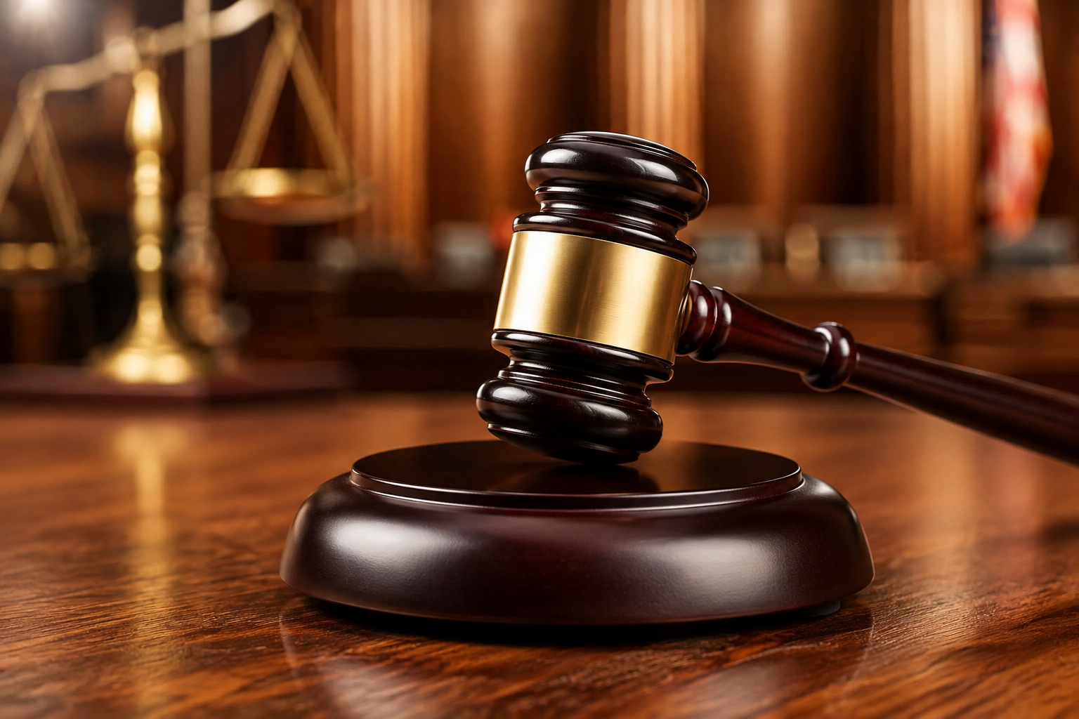 A court gavel placed on a wooden bench. PHOTO/AI