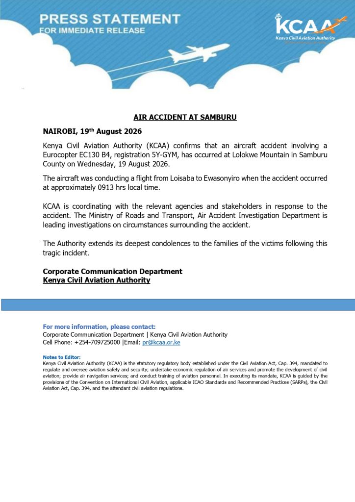 Statement by KCAA after Samburu plane crash. Photo/@CAA_Kenya/X