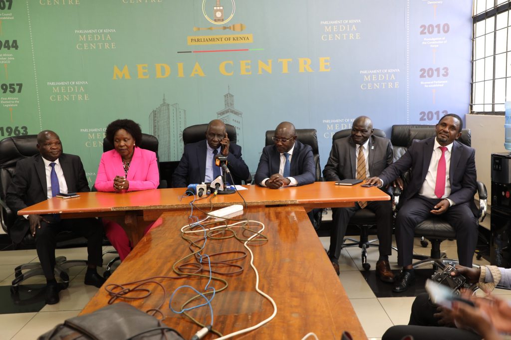 Nyanza MPs address the media in Parliament over Gachagua's conduct. PHOTO/Ronny TV