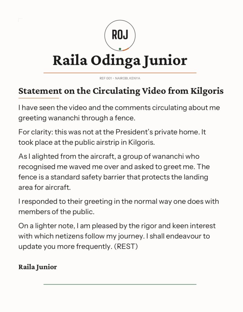 A statement by Raila Odinga Jnr regarding the Kilgoris incident. PHOTO/@Railajunior/X