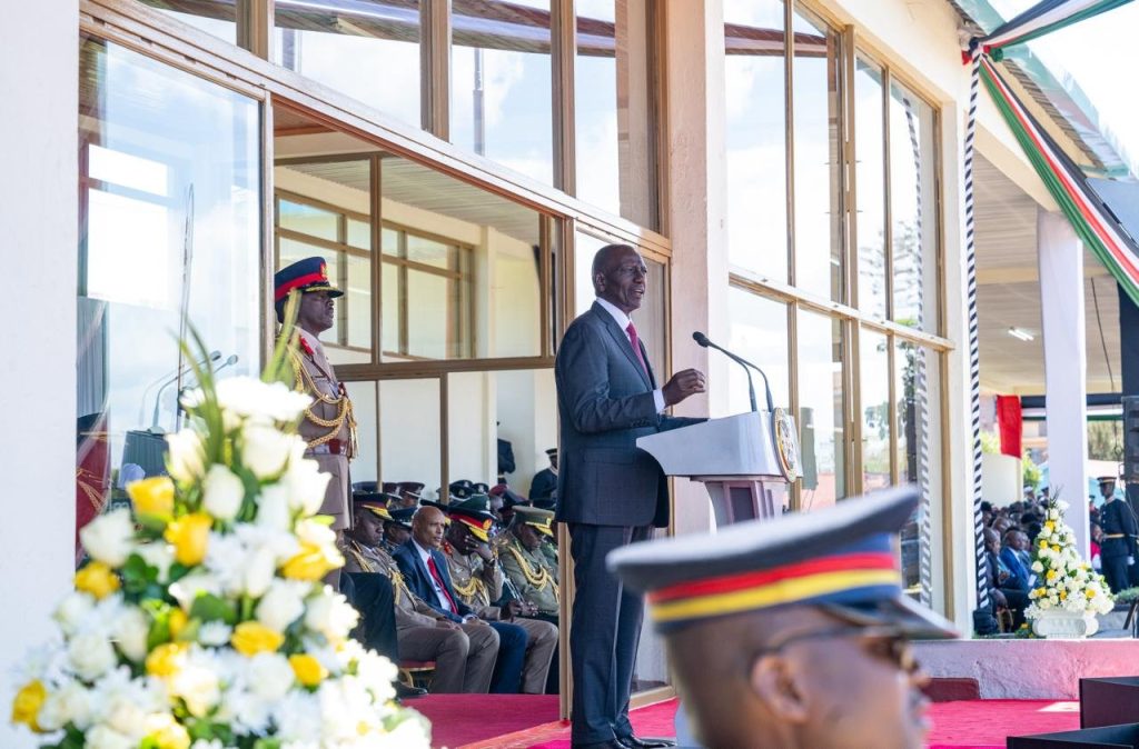 President William Ruto addressing during a passing-out parade for newly trained police officers at the National Police College in Kiganjo on Friday, August 28, 2026.PHOTO/@WilliamsRuto/X