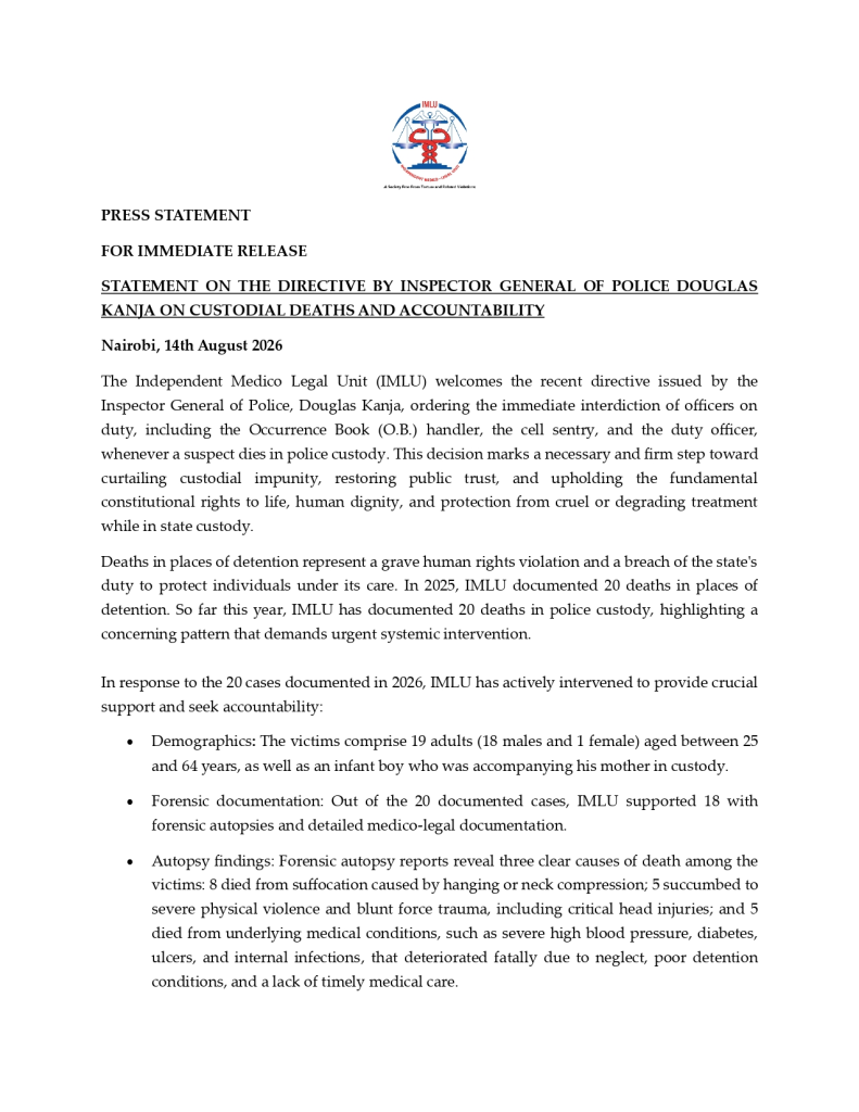 A statement by IMLU confirming that 40 Kenyans died in police custody. PHOTO/@IMLU_org/X