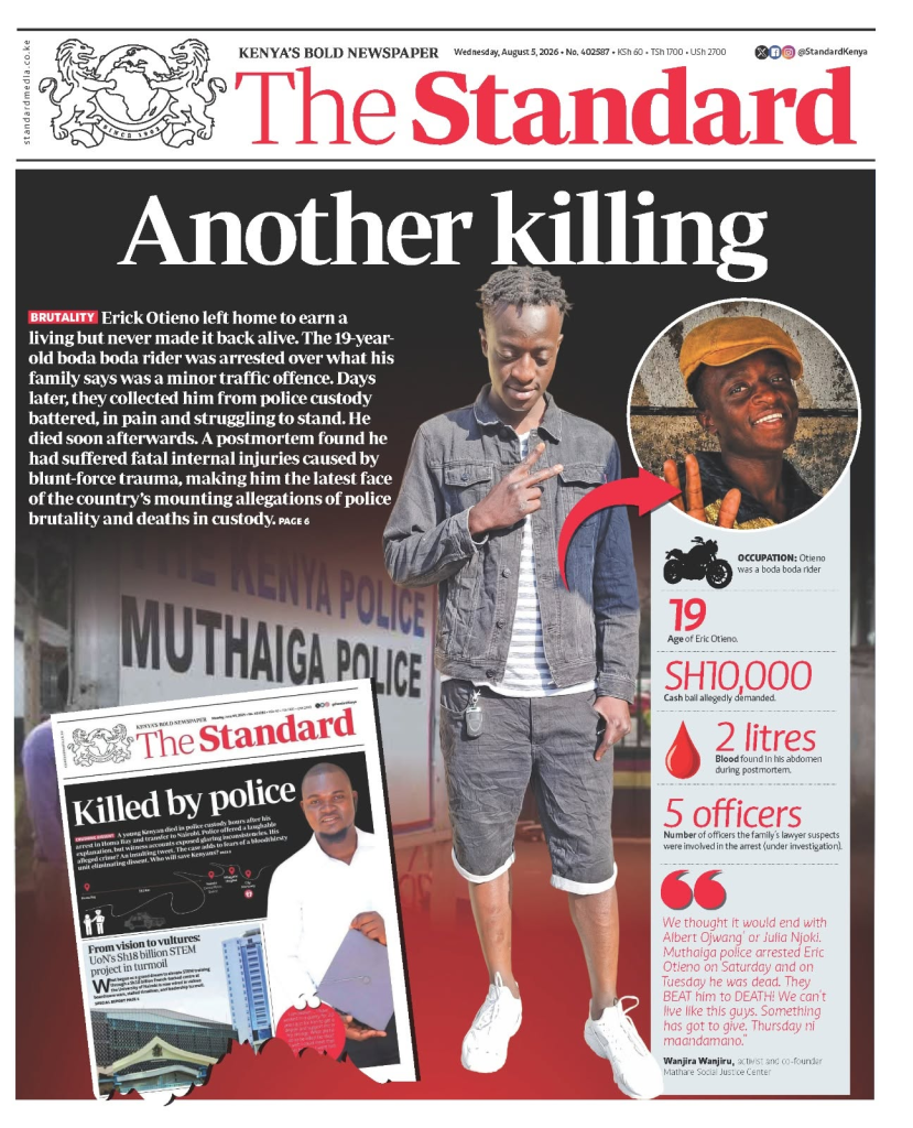A Standard Newspaper front page showcasing how Eric Otieno died. PHOTO/@standardkenya/Facebook