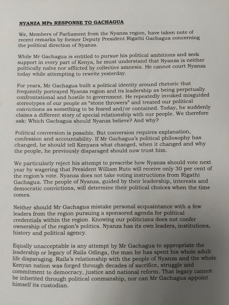 Page 1 of Nyanza MPs statement to Gachagua. Photo/Screengrab