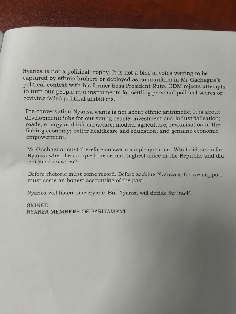 Page 1 of Nyanza MPs statement to Gachagua. Photo/Screengrab