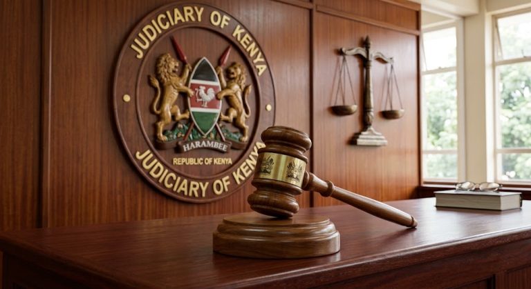 A Kenyan court a gavel used during a judicial proceeding under the official seal