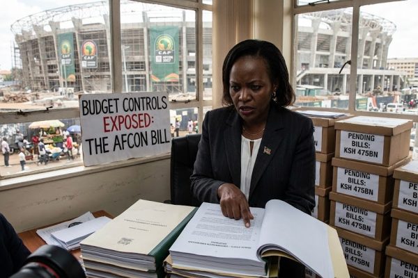 An official reviews government budget audits against the backdrop of an under-construction sports stadium