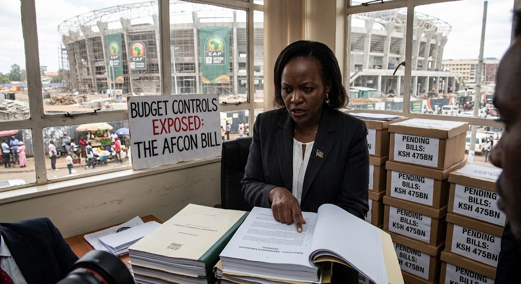 An official reviews government budget audits against the backdrop of an under-construction sports stadium