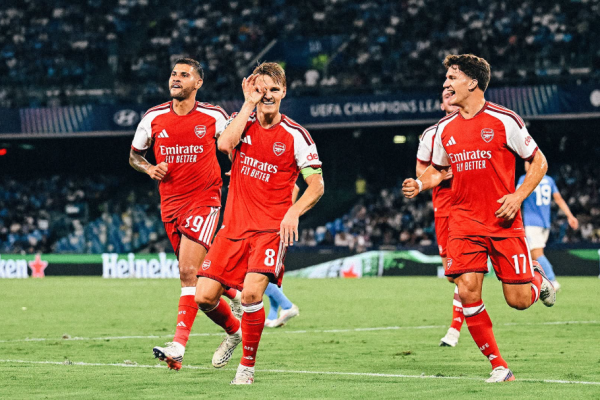 Arsenal captain Martin Odegaard (Centre) celebrates his goal against Napoli in the UEFA Champions League previously. PHOTO/https://www.facebook.com/Arsenal/photos