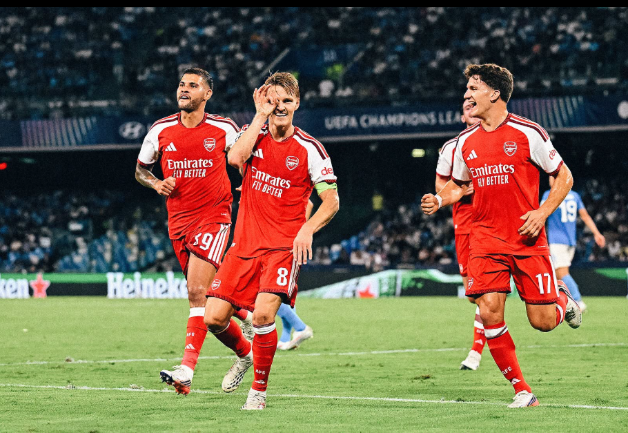 Arsenal captain Martin Odegaard (Centre) celebrates his goal against Napoli in the UEFA Champions League previously. PHOTO/https://www.facebook.com/Arsenal/photos