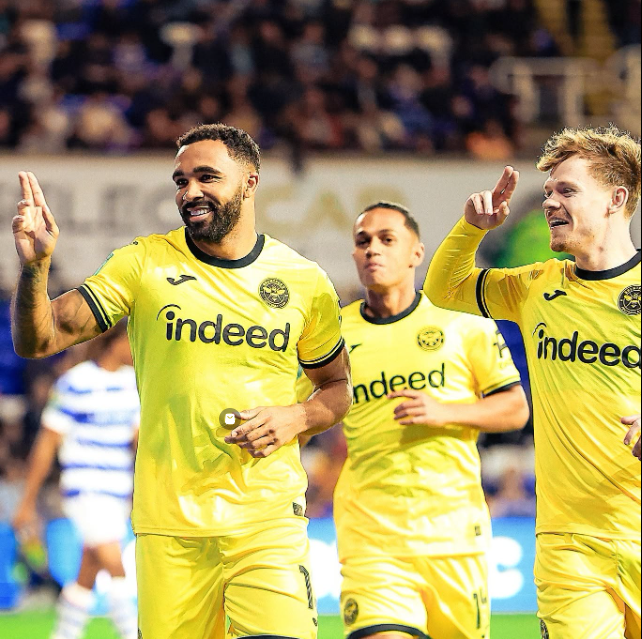 Brentford players celebrating their goal in a previous fixture. PHOTO/https://www.facebook.com/brentfordfootballclub1889/photos