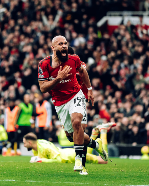 Manchester United's Bryan Mbeumo celebrates goal against Manchester City previously. PHOTO/https://www.facebook.com/manchesterunited/photos
