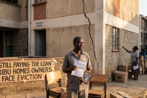 A homeowner stands amidst packed boxes holding document and photo frame in front of cracked apartments