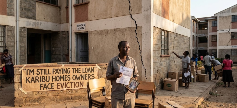 A homeowner stands amidst packed boxes holding document and photo frame in front of cracked apartments