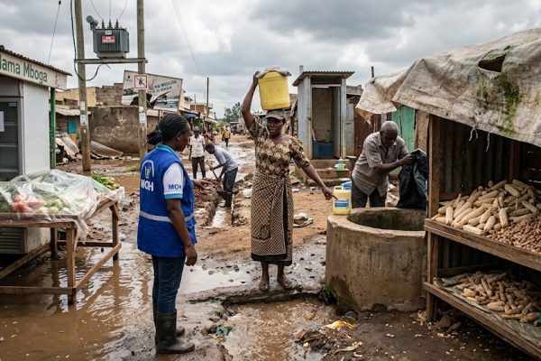 A Ministry of Health official speaks with a resident carrying water near a flooded market area in Kenya. The State Department for Public Health has issued warnings on the risks of water contamination, food spoilage, and aflatoxin poisoning as heavy rains and power outages threaten basic food and water safety