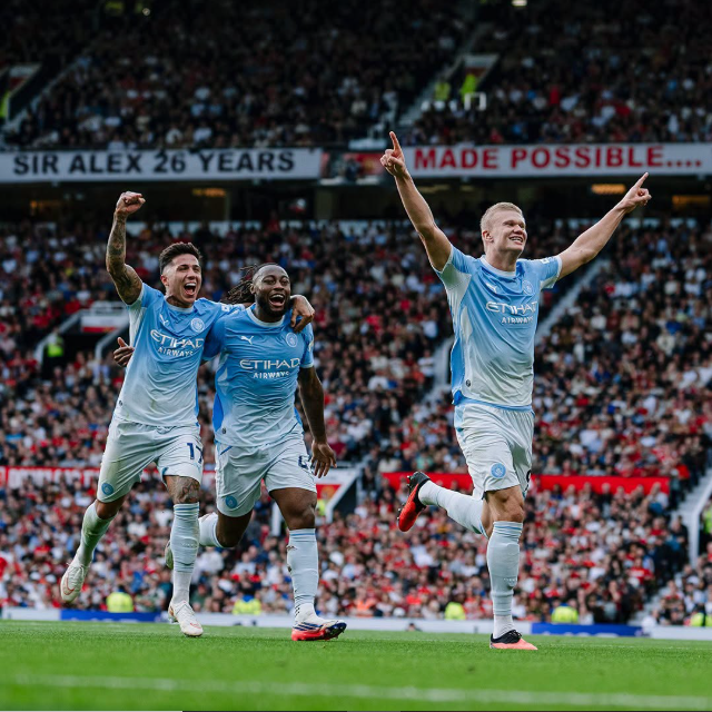 Manchester City's Erling Haaland celebrates his goal against Manchester United on Sunday, September 13, 2026 at Old Trafford. PHOTO/https://www.facebook.com/mancity/photos