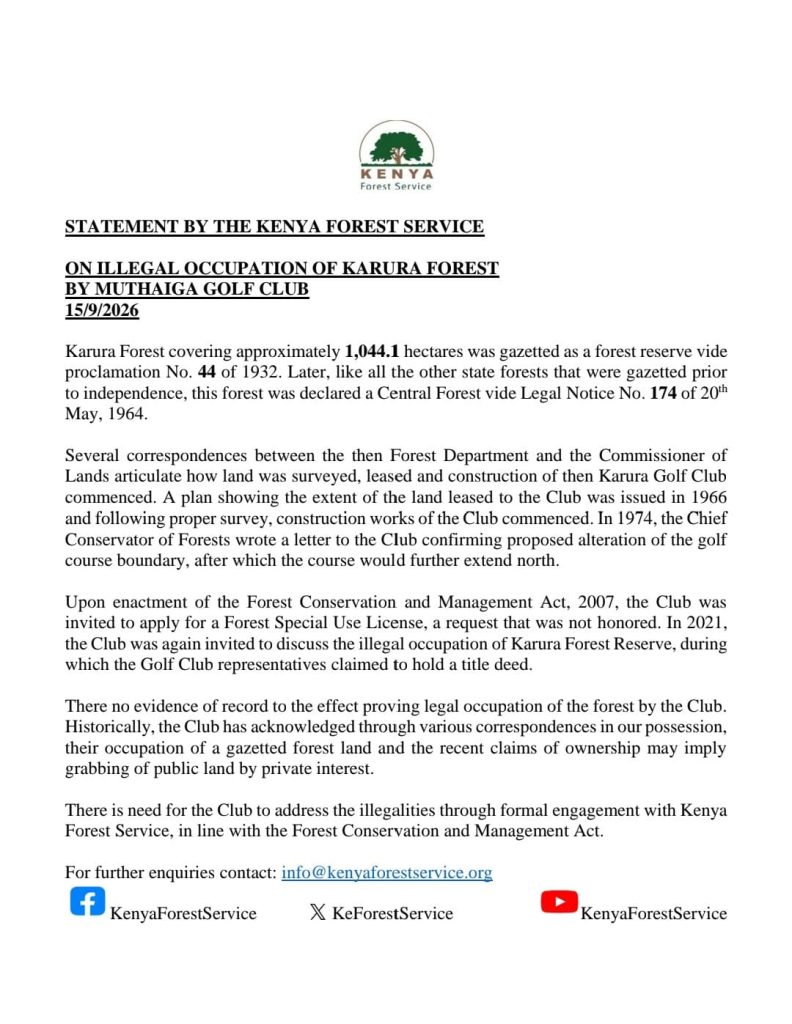 Kenya Forest Service statement on Muthaiga Golf Club land dispute. PHOTO/KFS