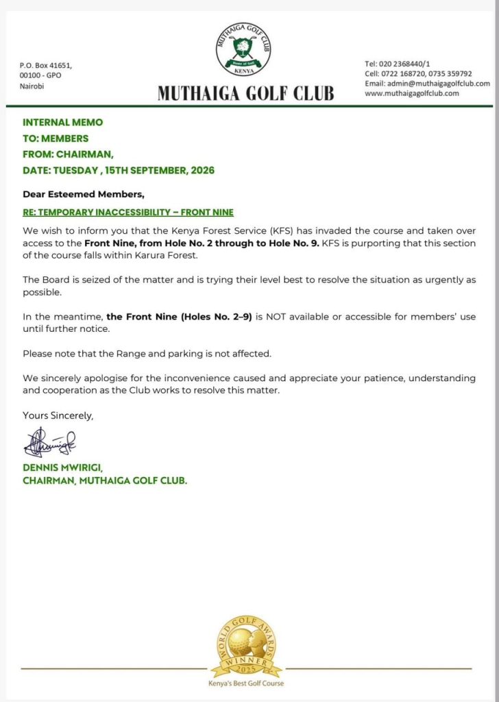 Muthaiga Golf Club internal memo to members on the Kenya Forest Service land dispute. PHOTO/Muthaiga Golf Club