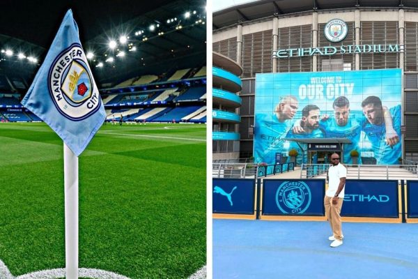 A photo collage of the Etihad Stadium, home of Premier Club Manchester City