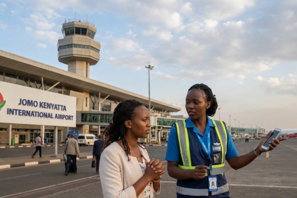 Airline staff assist a passenger at JKIA as KAA clarifies procedures for recovering belongings left onboard aircraft