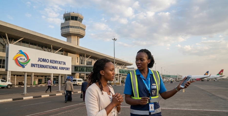 Airline staff assist a passenger at JKIA as KAA clarifies procedures for recovering belongings left onboard aircraft