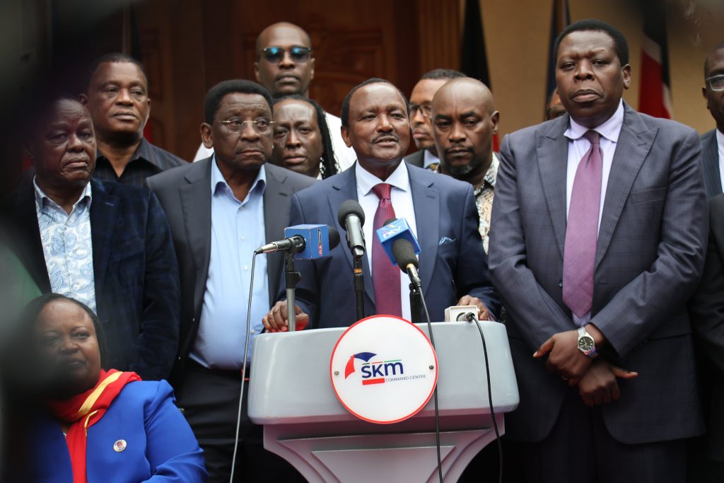 Wiper leader Kalonzo Musyoka and other opposition figures during a press briefing on Monday, September 21, 2026.PHOTO/@skmusyoka/X