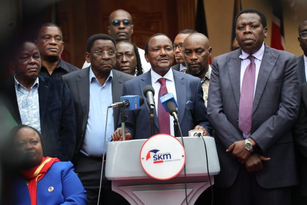 Wiper leader Kalonzo Musyoka and other opposition figures during a press briefing on Monday, September 21, 2026.PHOTO/@skmusyoka/X