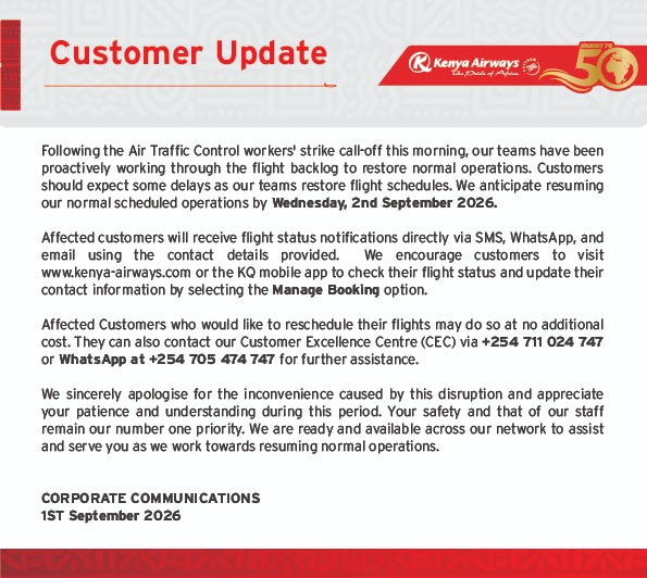 Statement by Kenya Airways. PHOTO/@KenyaAirways/X