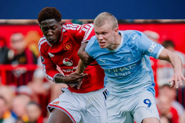 Manchester United's Kobbie Mainoo (Left) and Manchester City's Erling Haaland in the 2026/27 Manchester derby on Sunday, September 13, 2026. PHOTO/https://www.facebook.com/mancity/photos