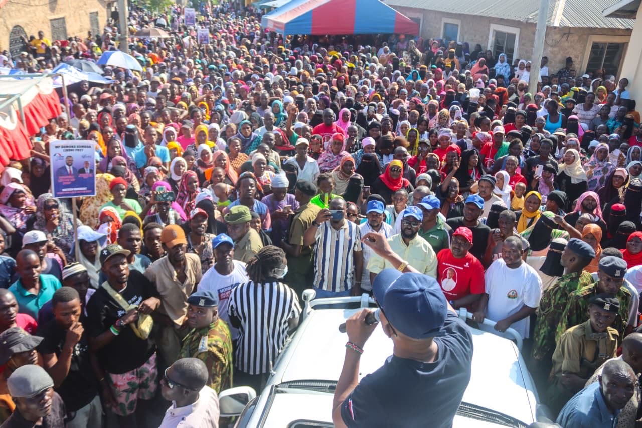 Nyali MP Mohamed Ali addressing a rally at a past event.PHOTO/@MohaJichoPevu/X