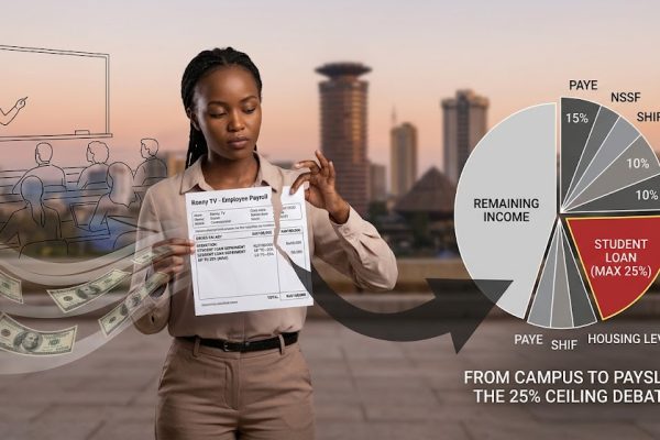 A news graphic illustrating Kenya’s proposed 25% student loan deduction on a graduate's payslip