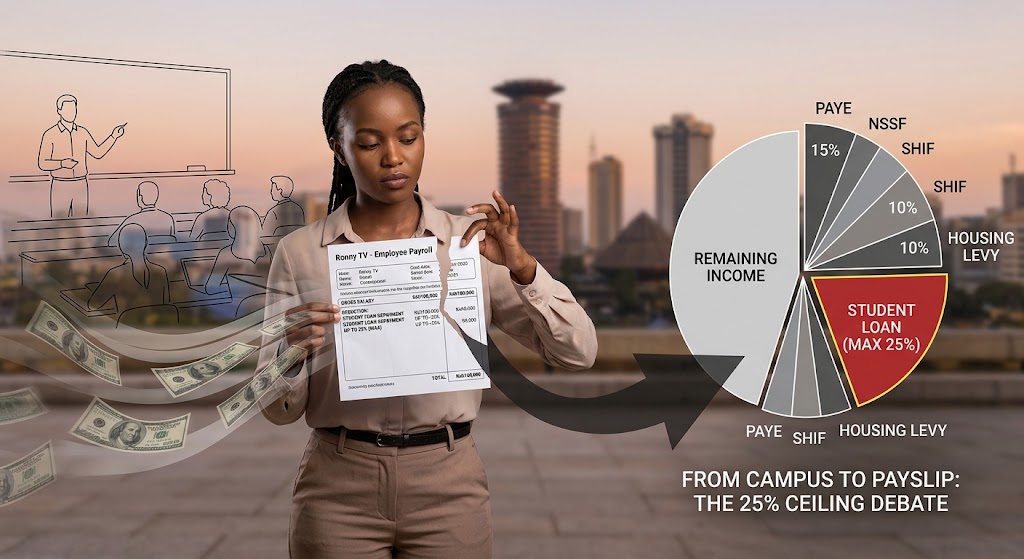 A news graphic illustrating Kenya’s proposed 25% student loan deduction on a graduate's payslip