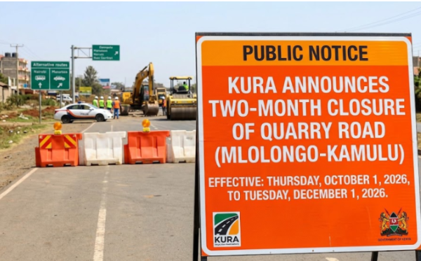 KURA has announced a two-month closure of Quarry Road (Mlolongo-Kamulu) from October 1 to December 1, 2026, to allow for major construction works