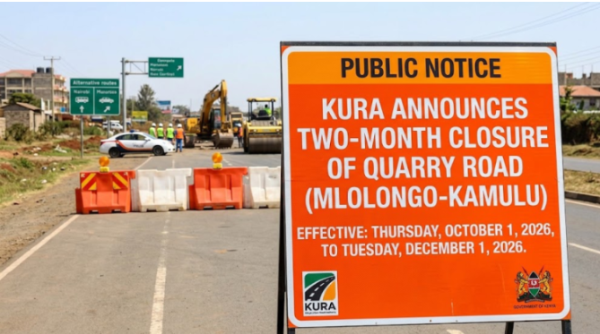 KURA has announced a two-month closure of Quarry Road (Mlolongo-Kamulu) from October 1 to December 1, 2026, to allow for major construction works