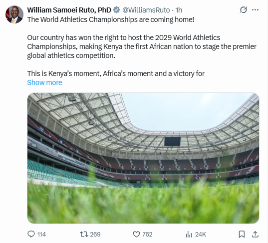 President William Ruto welcomes move for Nairobi to host the 2029 World Athletics Championships. PHOTO/@WilliamsRuto/X