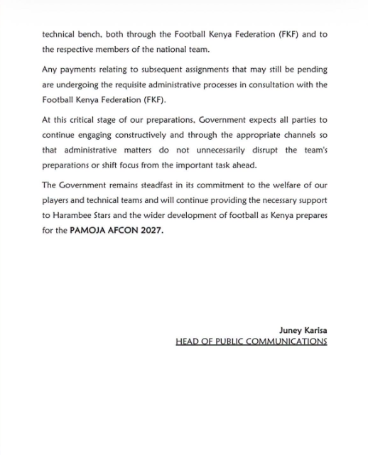 Statement by the Ministry of Youth Affairs, Creative Economy and Sports on Harambee Stars welfare. PHOTO/https://www.facebook.com/GovernorSalimMvurya