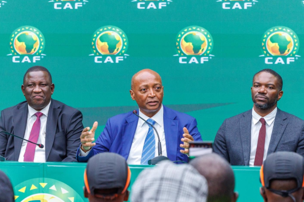 Sports CS Salim Mvurya (Left) accompanying CAF President Patrice Motsepe (Centre) during his inspection of the Raila Odinga International Stadium at Talanta Sports City ahead of 2027 AFCON. PHOTO/https://www.facebook.com/GovernorSalimMvurya/photos