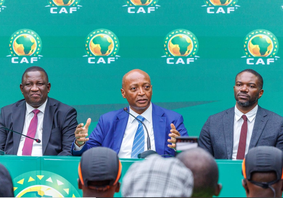 Sports CS Salim Mvurya (Left) accompanying CAF President Patrice Motsepe (Centre) during his inspection of the Raila Odinga International Stadium at Talanta Sports City ahead of 2027 AFCON. PHOTO/https://www.facebook.com/GovernorSalimMvurya/photos
