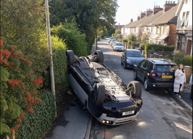 The overturned car of Hull City star Sorba Thomas. PHOTO/https://www.facebook.com/awaydaysatthefootball