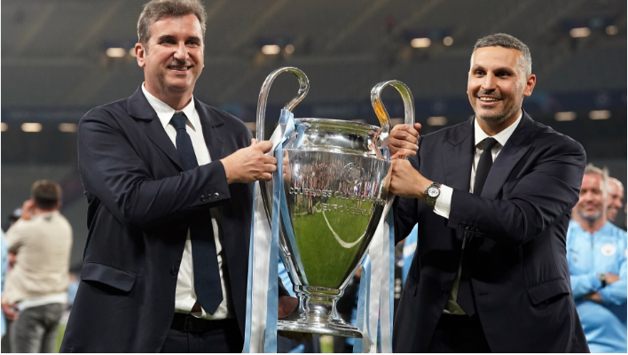 Manchester City chief executive Ferran Soriano and club chairman Khaldoon Al Mubarak pose with a UEFA Champions League trophy. PHOTO/https://www.facebook.com/mancity