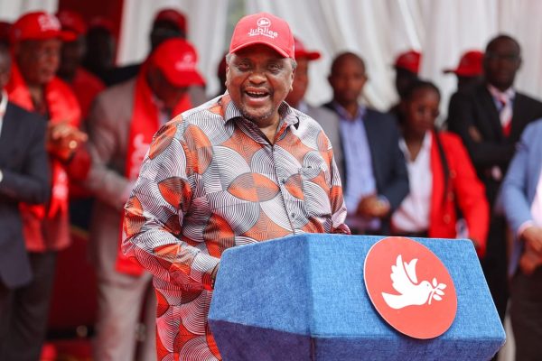Retired President Uhuru Kenyatta addressing during Jubilee Party leadership transition event.PHOTO/https://www.facebook.com/TheJubileeParty