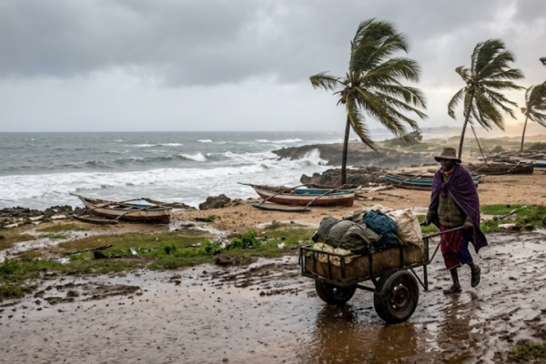 A fisherman pushes a cart along a muddy, wind-swept coastal road during heavy rain