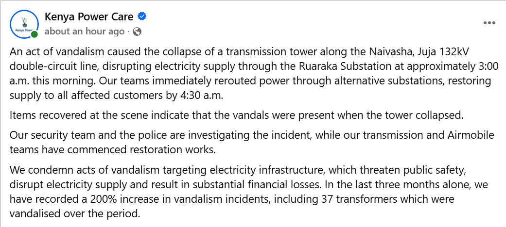 Kenya Power statement on Sunday, September 20, 2026. PHOTO/KPLC/FACEBOOK