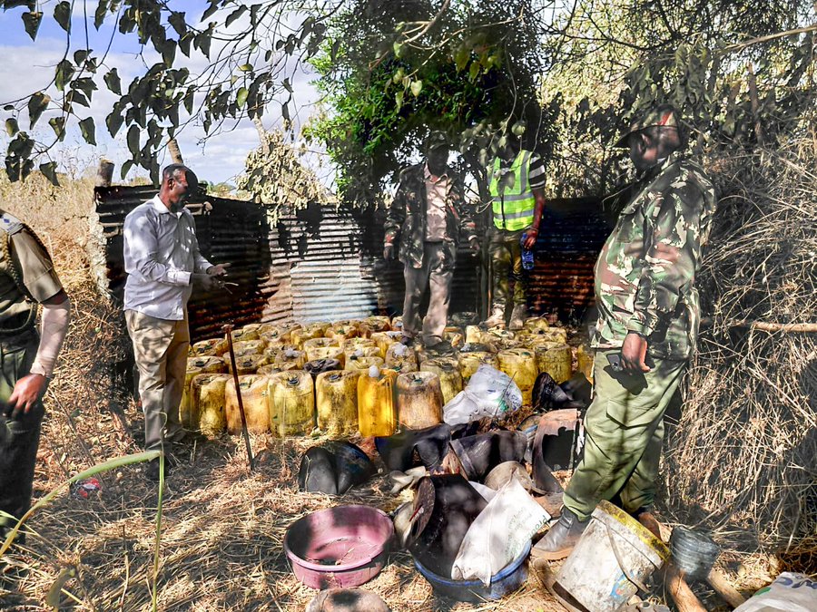 Police officers destroy illicit brew recovered during a multi-agency operation targeting illegal brewing dens in Marsabit County on Wednesday, September 23, 2026. PHOTO/@NPSOfficial_KE