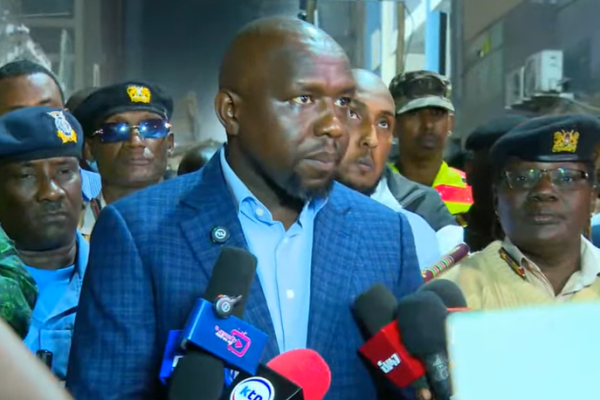 Interior Cabinet Secretary Kipchumba Murkomen addressing the press at the scen of the collpased Easleigh buiding on Friday, October 23, 2026.PHOTO/https://web.facebook.com/OnesimusKipchumbaMurkomen