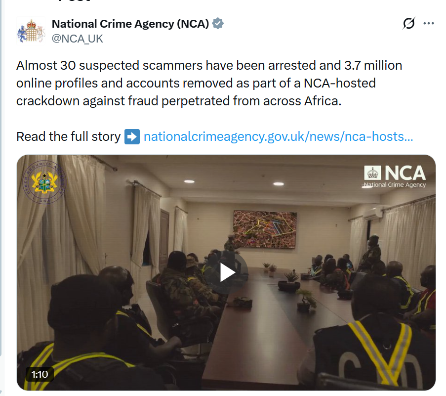 Part of the statement by the United Kingdom’s National Crime Agency (NCA). PHOTO/Screengrab/@NCA_UK